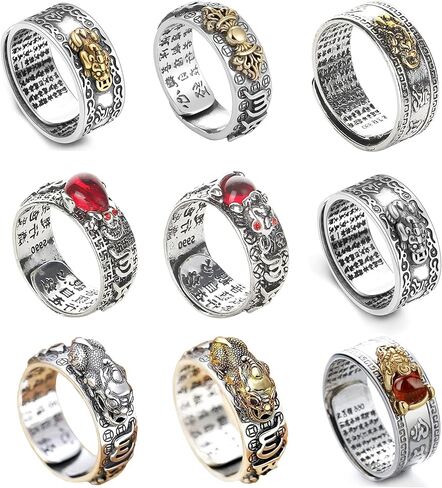 Jewdreamer 9 Pieces Feng Shui Ring Pixiu Buddhist Lucky Rings Amulet Mantra Double Protection Wealth Ring For Men Women Garnet Ring Adjustable Jewelry in Saudi Arabia