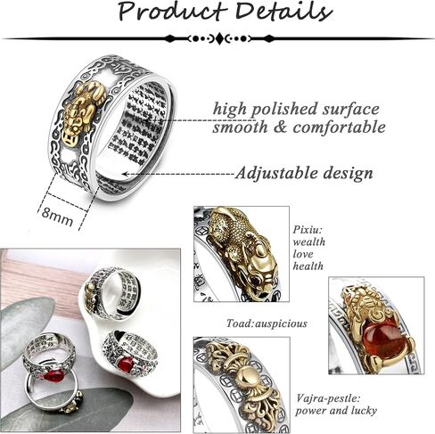 Jewdreamer 9 Pieces Feng Shui Ring Pixiu Buddhist Lucky Rings Amulet Mantra Double Protection Wealth Ring For Men Women Garnet Ring Adjustable Jewelry in Saudi Arabia