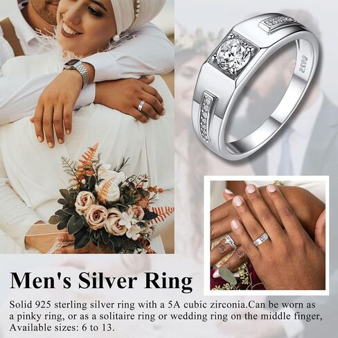 Suplight Men's Wedding Band Engagement Rings, 925 Sterling Silver Cubic Zirconia Black Onyx Stone Ring 6mm (with Gift Box) in Saudi Arabia