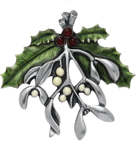 Danforth Mistletoe And Holly Brooch Pin For Women – Handcrafted Pewter Christmas Jewelry For Women – 2 3/8" Wide, Made In USA in Saudi Arabia