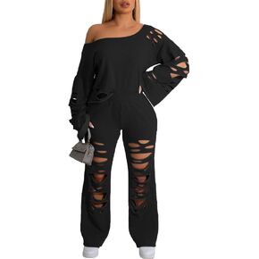 ملابس نسائية مثيرة من VOIKERDR مكونة من قطعتين وأكمام طويلة مفرغة وأكتاف مكشوفة طقم رياضي فضفاض ملابس رياضية للاستراحة in Kuwait