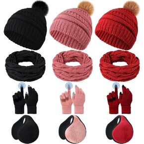 Liitrsh 12 Pcs Winter Beanie Hat Scarf Gloves Set Knitted Beanie Hat Circle Scarves Gloves Earmuff for Women Men