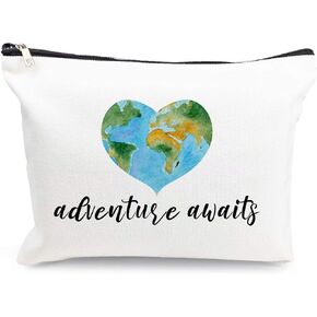 Cokosoxo Travel Bag Adventure Awaits Cosmetic Bag Nature Linen Cotton World Map Makeup Case Great Gift for Women Friends Bestie Daughter Graduation Friendship Birthday Gifts,10x7.5 Inch