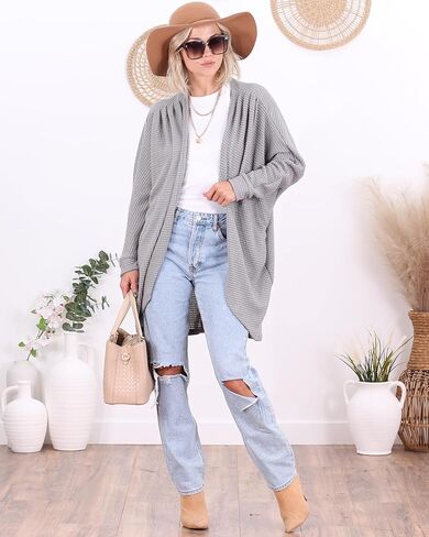 Popana Long Oversized Fall Batwing Waffle Knit Cardigan Sweaters for Women with Pockets Plus Size in Kuwait