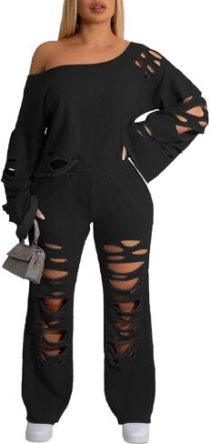 ملابس نسائية مثيرة من VOIKERDR مكونة من قطعتين وأكمام طويلة مفرغة وأكتاف مكشوفة طقم رياضي فضفاض ملابس رياضية للاستراحة in Kuwait