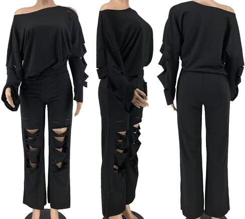 ملابس نسائية مثيرة من VOIKERDR مكونة من قطعتين وأكمام طويلة مفرغة وأكتاف مكشوفة طقم رياضي فضفاض ملابس رياضية للاستراحة in Kuwait