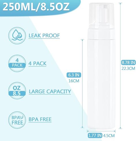 Foam Pump Bottle 8.5oz/250ml White Empty Foam Dispenser Bottle Travel Foaming Hand Soap Bottle Large Refillable Foaming Bottle for Shampoo Cleaning Traveling (4 Pack) in Kuwait