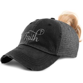 Custom Womens Ponytail Cap Faith Christian Cross Embroidery Cotton Strap Closure