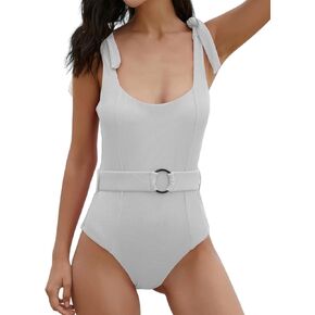 TSMEZA Women's One Piece Swimsuits Belt Tummy Control Bathing Suits Tie Shoulder Swimwear