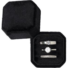 Cut-Edge Octagon Velvet Ring Box Storage 3 Slots for Wedding Ceremony Proposal Engagement Birthday (Green)