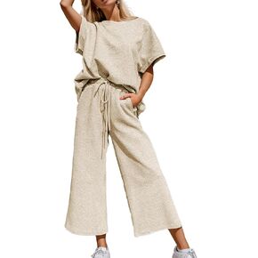 SeeLuNa Women's 2 Piece Outfits Textured Sweatsuit 3/4 Batwing Sleeve Crew Neck Pullover Top Wide Leg Pant Tracksuit Set