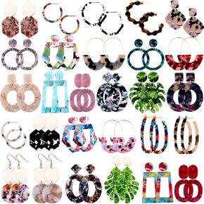 Duufin 28 Pairs Acrylic Earrings Statement Earrings Set Mottled Resin Hoop Earrings Drop Dangle Earring Polygonal Fashion Earrings for Women
