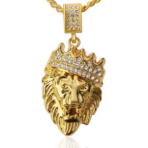 Hip Hop Jewelry Gold Crown Lion Head Pendant Iced Out Clear Rhinestones – Diamonds Prong Set - Curb Cuban Chain Stainless Steel Necklace in Kuwait