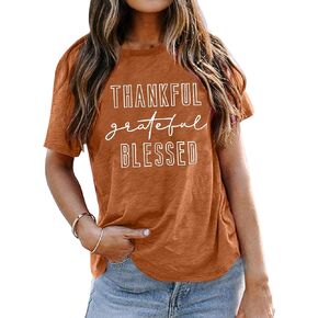 Grateful Thankful Blessed T-Shirt Thanksgiving Fall Shirts for Women Thankful Teacher Short Sleeve Tops Tees