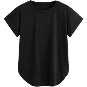 Milumia Women's Basic T Shirt Round Neck Short Sleeve Rolled Cuff Curved Hem Casual Tunic Tops in Saudi Arabia