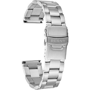 BERNY 20mm Stainless Steel Watch Bands Premium Solid Metal Watch Bracelet Straps for Men Women with Straight End Security Deployment Buckle