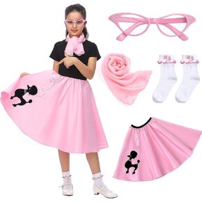 Kids Sock Hop Costume, Girls 1950s Dress Costume, 50's Poodle Skirt with Scarf, Glasses and Socks