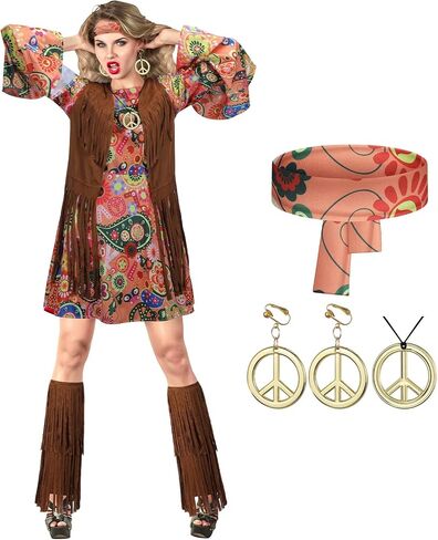 Hercicy 6 Pcs Women 60s 70s Hippie Costume Outfits Set Disco Dress Fringe Vest Boot Covers Headbands Necklaces Earrings for Halloween Party Cosplay, L Size in Saudi Arabia