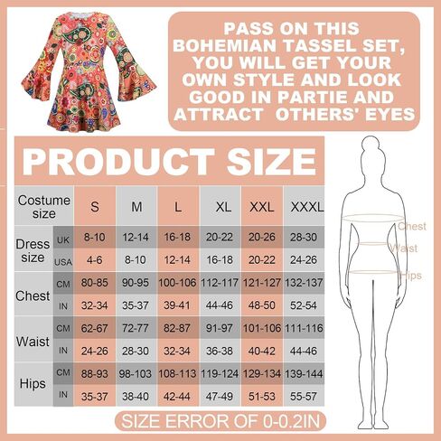 Hercicy 6 Pcs Women 60s 70s Hippie Costume Outfits Set Disco Dress Fringe Vest Boot Covers Headbands Necklaces Earrings for Halloween Party Cosplay, L Size in Saudi Arabia