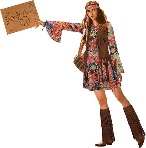 Hercicy 6 Pcs Women 60s 70s Hippie Costume Outfits Set Disco Dress Fringe Vest Boot Covers Headbands Necklaces Earrings for Halloween Party Cosplay, L Size in Saudi Arabia