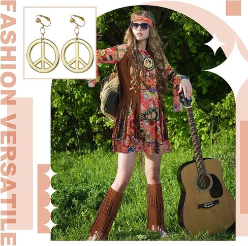 Hercicy 6 Pcs Women 60s 70s Hippie Costume Outfits Set Disco Dress Fringe Vest Boot Covers Headbands Necklaces Earrings for Halloween Party Cosplay, L Size in Saudi Arabia