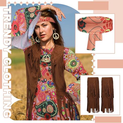 Hercicy 6 Pcs Women 60s 70s Hippie Costume Outfits Set Disco Dress Fringe Vest Boot Covers Headbands Necklaces Earrings for Halloween Party Cosplay, L Size in Saudi Arabia