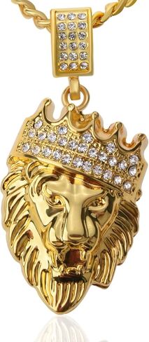 Hip Hop Jewelry Gold Crown Lion Head Pendant Iced Out Clear Rhinestones – Diamonds Prong Set - Curb Cuban Chain Stainless Steel Necklace in Kuwait