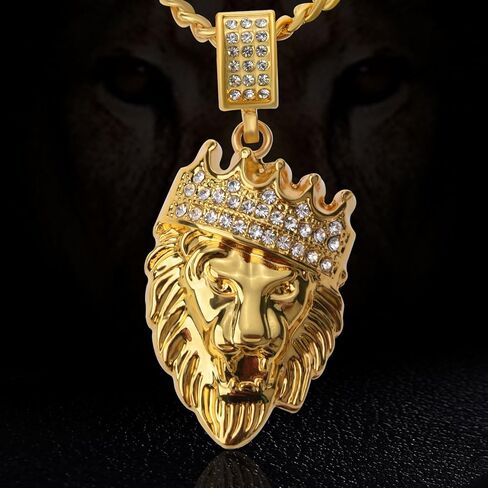 Hip Hop Jewelry Gold Crown Lion Head Pendant Iced Out Clear Rhinestones – Diamonds Prong Set - Curb Cuban Chain Stainless Steel Necklace in Kuwait