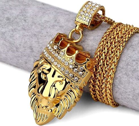 Hip Hop Jewelry Gold Crown Lion Head Pendant Iced Out Clear Rhinestones – Diamonds Prong Set - Curb Cuban Chain Stainless Steel Necklace in Kuwait