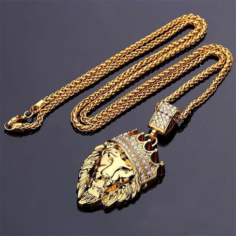Hip Hop Jewelry Gold Crown Lion Head Pendant Iced Out Clear Rhinestones – Diamonds Prong Set - Curb Cuban Chain Stainless Steel Necklace in Kuwait