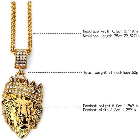 Hip Hop Jewelry Gold Crown Lion Head Pendant Iced Out Clear Rhinestones – Diamonds Prong Set - Curb Cuban Chain Stainless Steel Necklace in Kuwait