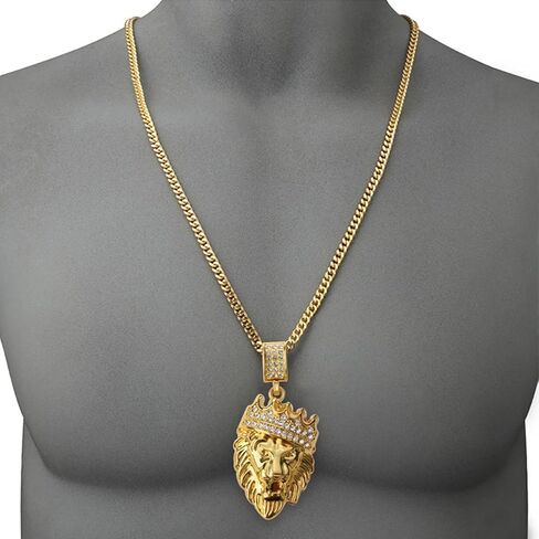 Hip Hop Jewelry Gold Crown Lion Head Pendant Iced Out Clear Rhinestones – Diamonds Prong Set - Curb Cuban Chain Stainless Steel Necklace in Kuwait
