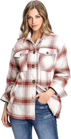 Love Tree Women's Cozy Soft Sherpa Coat Plaid Shacket in Saudi Arabia