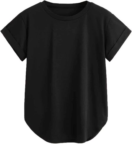 Milumia Women's Basic T Shirt Round Neck Short Sleeve Rolled Cuff Curved Hem Casual Tunic Tops in Kuwait