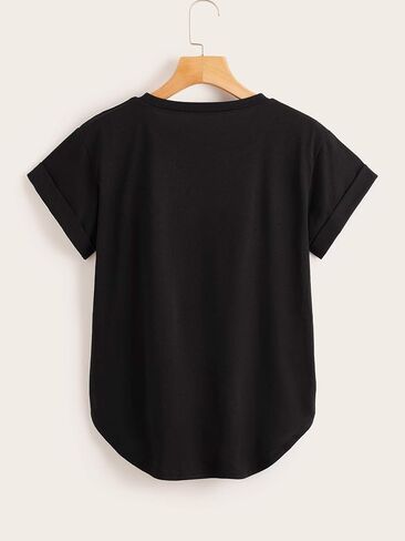 Milumia Women's Basic T Shirt Round Neck Short Sleeve Rolled Cuff Curved Hem Casual Tunic Tops in Kuwait