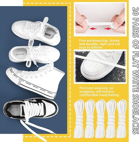 20 زوج من أربطة حذاء رياضية مسطحة مقاس 27.5 بوصة من ISusser أحذية رياضية أنيقة وأربطة أحذية رياضية لحذاء التزلج الرياضي (أبيض) in Kuwait