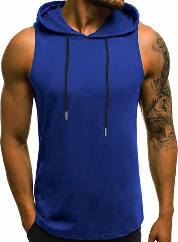 Babioboa Men's Workout Hooded Tank Tops Sleeveless Gym Hoodies Bodybuilding Muscle Shirts Deep Blue in Kuwait
