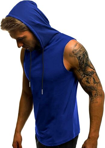 Babioboa Men's Workout Hooded Tank Tops Sleeveless Gym Hoodies Bodybuilding Muscle Shirts Deep Blue in Kuwait