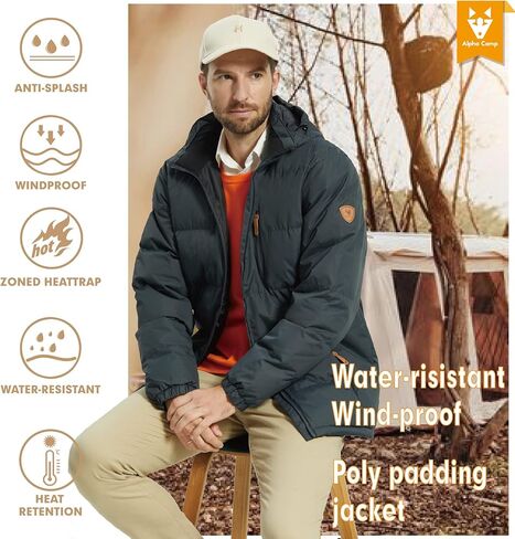 سترة منتفخة للرجال من ALPHA CAMP معطف شتوي مقاوم للماء ومقاوم للرياح وأكمام طويلة وسترة شتوية مبطنة in Kuwait