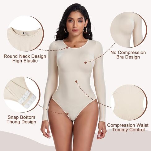 EUYZOU Women Tummy Control Shapewear Bodysuit Long Sleeve Body Shaper Seamless Compression Bodysuit in Kuwait