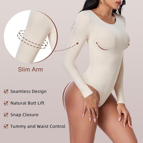 EUYZOU Women Tummy Control Shapewear Bodysuit Long Sleeve Body Shaper Seamless Compression Bodysuit in Kuwait