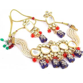 Andywars Fashion Kundan Choker Necklace Set with Earrings for Women and Girls, Beads Jewelry, Indian Jewelry Set, Long Earrings, Red Color, Green Color, Pink Color, Blue Color Necklaces