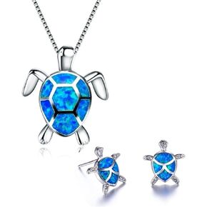coadipress Turtle Necklace Earrings Sets for Women Girls Fashion Silver Health and Longevity Seo Animal Opal Pendant Chain Necklace Jewelry