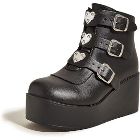 LUCKY STEP Women Platform Chunky Ankle Boots - Round Toe Zipper Wedges High Heels Rave Buckle Thick Sole Goth Booties
