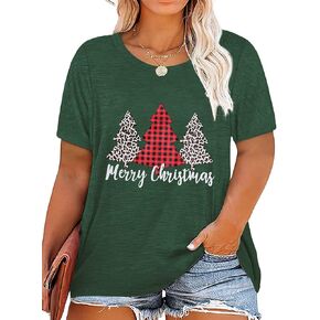 Women Plus Size Christmas Shirt Funny Merry Christmas Tree Short Sleeve T-Shirt Leopard Plaid Xmas Tree Tee Tops