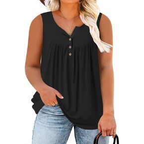 ROSRISS Plus Size Tank Tops for Women Summer V-Neck Sleeveless Henley Shirts Buttons Up Loose Fit Pleated Flowy Tunics