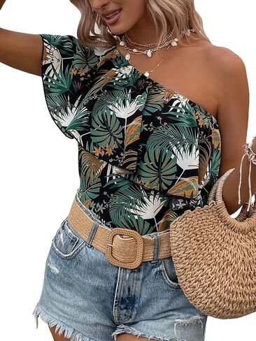 WDIRARA Women's Tropical Print One Shoulder Ruffle Trim Sleeveless Blouse Tops in Kuwait