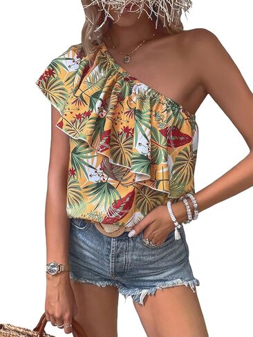 WDIRARA Women's Tropical Print One Shoulder Ruffle Trim Sleeveless Blouse Tops in Kuwait