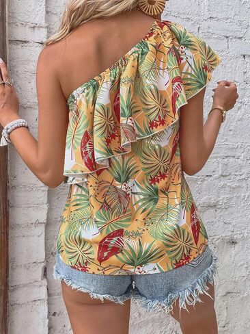 WDIRARA Women's Tropical Print One Shoulder Ruffle Trim Sleeveless Blouse Tops in Kuwait