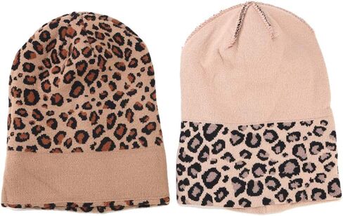 Leopard Print Beanie Hat Trendy Animal Pattern Skull Cap 2 Layers Cuffed Hats Winter Thick Knitted Watch Caps in Kuwait